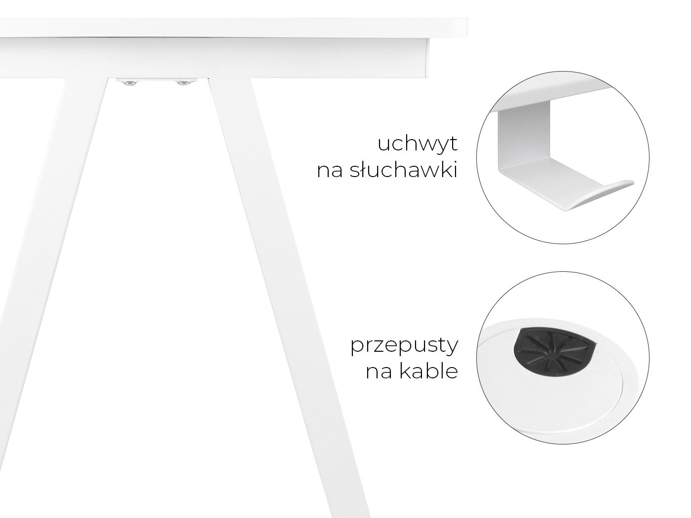 Przybliżenie na białe biurko, po prawej stronie widnieją zdjęcia opisujące atrybuty biurka - 'Uchwyt na słuchawki' oraz 'Przepusty na kable'.