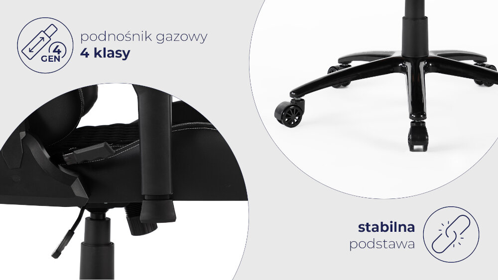 Przybliżenie na podnośnik oraz kółka krzesła gamingowego
