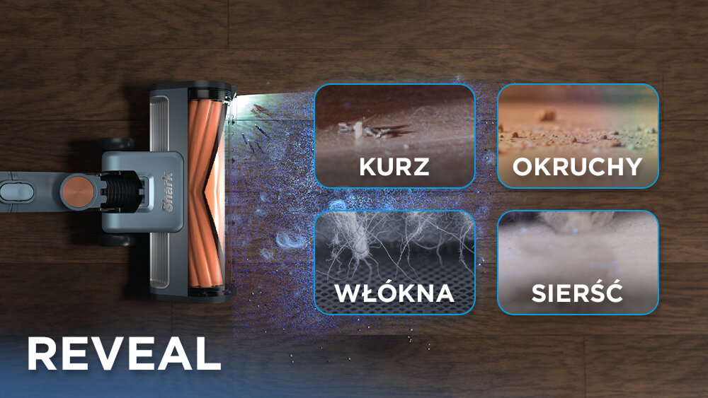 Obraz przedstawia głowicę odkurzacza z widocznymi szczotkami, która oświetla podłogę. Obok znajdują się cztery zdjęcia z podpisami: \'KURZ\', \'OKRUCHY\', \'WŁÓKNA\', \'SIERŚĆ\', a na dole widnieje napis \'REVEAL\'.