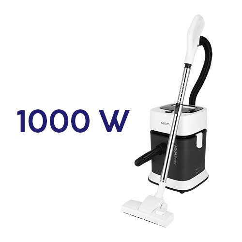 Odkurzacz w kolorze czarno-białym z widocznym napisem \'MPM AquaSmart\' oraz mocą 1000 W.