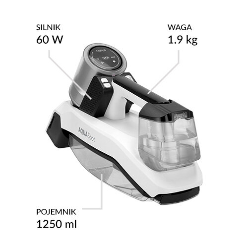 Odkurzacz piorący z napisem AQUA Spot, posiada silnik 60 W, waży 1.9 kg i ma pojemnik o pojemności 1250 ml.