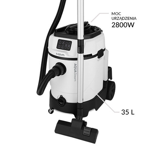 Odkurzacz piorący w kolorze białym z czarnymi elementami, oznaczony logo MPM i napisem AQUA Storm. Widoczne napisy: \'MOC URZĄDZENIA 2800W\' oraz \'35 L\'.