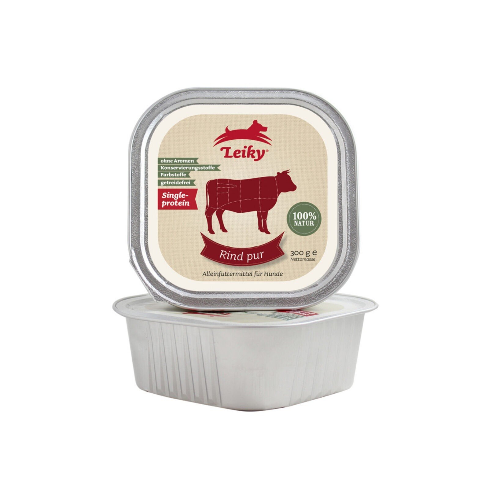 Opakowanie karmy dla psa marki Leiky o wadze 300g z grafiką krowy i napisem \'Rind pur\'. Na etykiecie widnieją informacje: \'ohne Aromen\', \'Konservierungsstoffe\', \'Farbstoffe\', \'getreidefrei\', \'Single-protein\', \'100% NATUR\'.