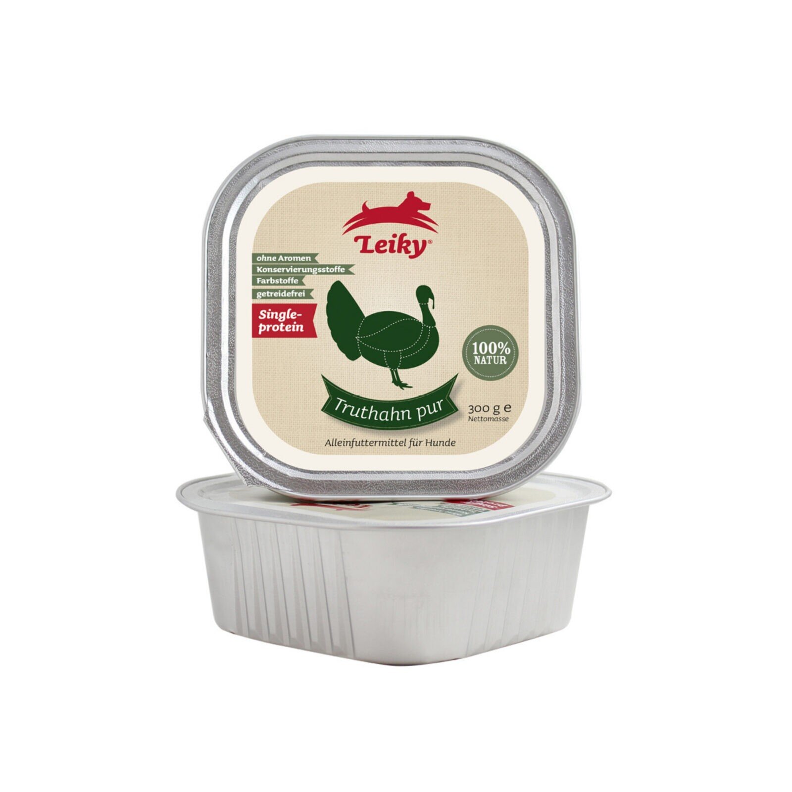 Opakowanie karmy dla psa z etykietą \'Leiky\' i grafiką indyka. Na etykiecie widnieje tekst: \'ohne Aromen, Konservierungsstoffe, Farbstoffe, getreidefrei, Single-protein, Truthahn pur, 100% Natur, 300 g Nettomasse, Alleinfuttermittel für Hunde\'.