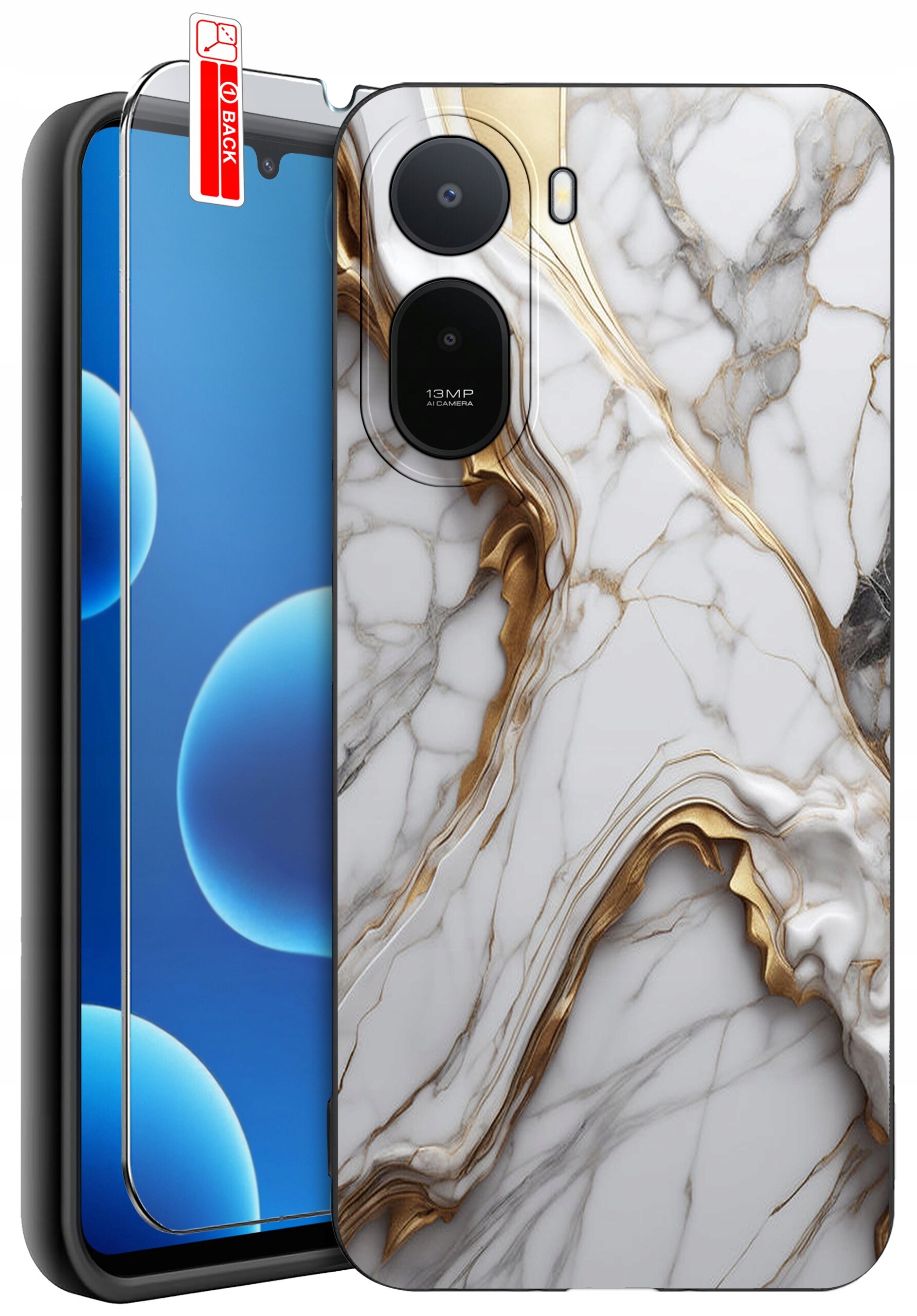 Obraz przedstawia etui na telefon z marmurowym wzorem w odcieniach bieli i złota oraz szkło ochronne z napisem \'BACK\'.