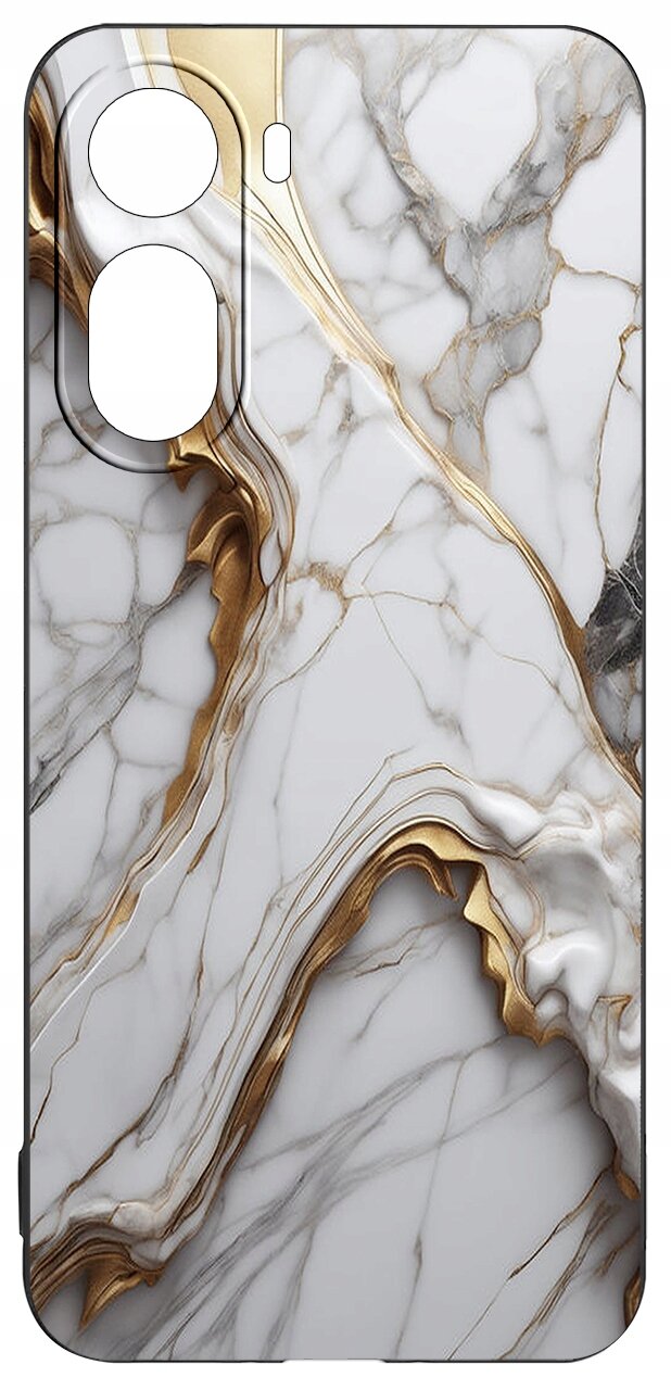 Etui na telefon z wzorem przypominającym marmur w odcieniach bieli i szarości z elementami złota. Przeznaczone dla modelu Xiaomi Redmi A7 Pro.