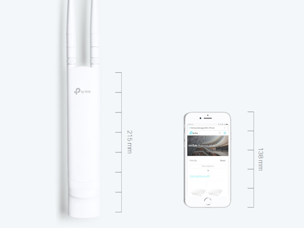 Punkt dostępu TP-LINK EAP225 wymiarom około 215 × 46 × 27 mm