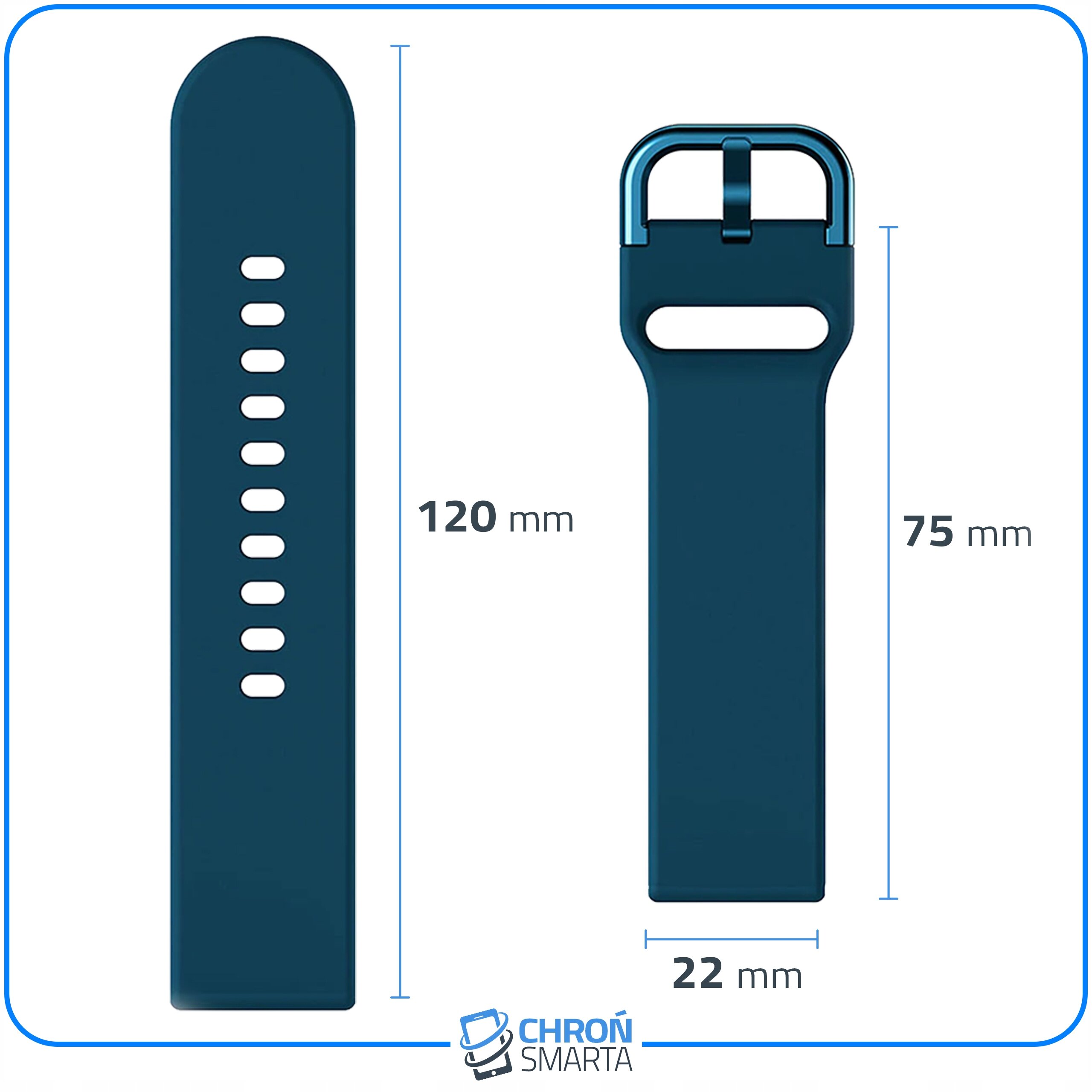 Obraz przedstawia dwa niebieskie paski do smartwatcha z wymiarami: 120 mm i 75 mm długości oraz 22 mm szerokości. Na dole widoczne jest logo \'CHROŃ SMARTA\'.