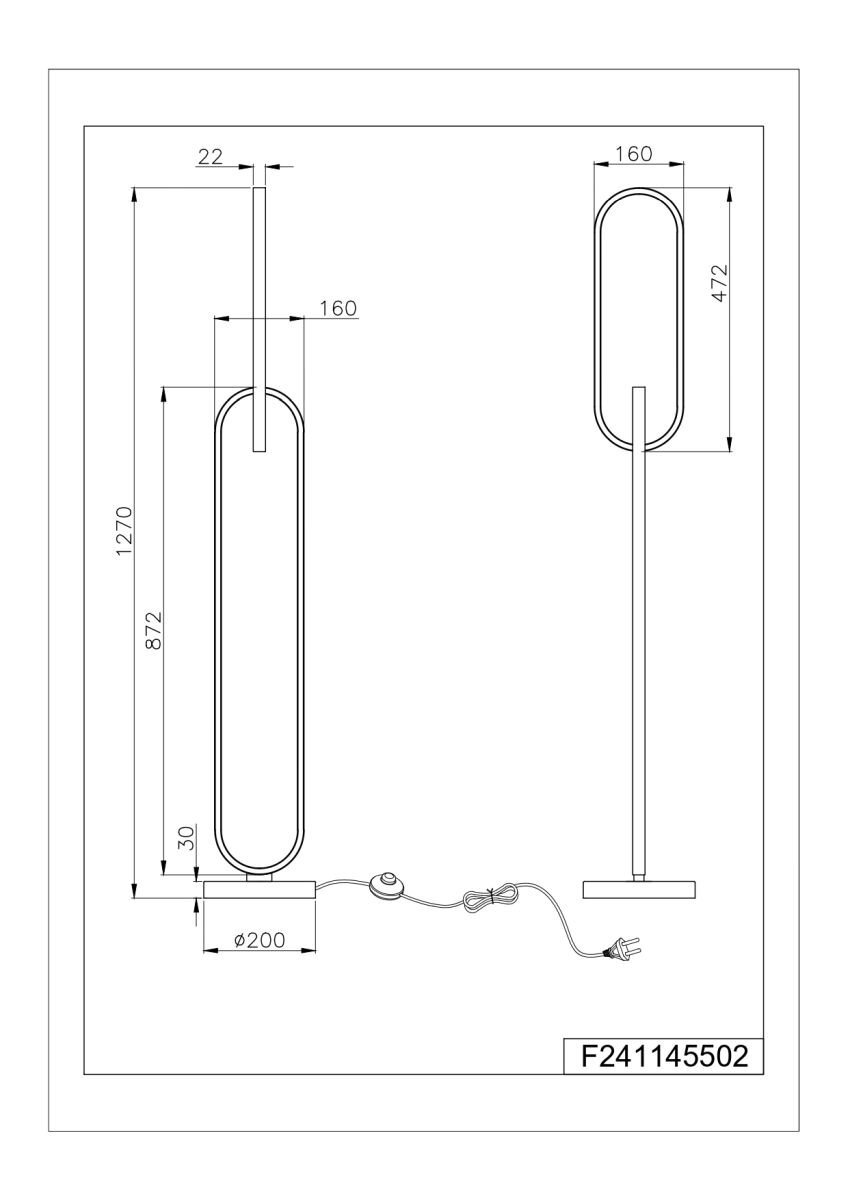 Schemat techniczny lampy podłogowej z wymiarami: wysokość 1270 mm, szerokość 160 mm, średnica podstawy 200 mm. Widoczny jest przewód z wtyczką oraz oznaczenie F241145502.