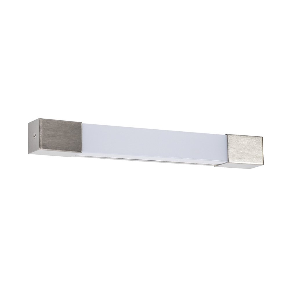 Prosta, prostokątna lampa ścienna LED z białym kloszem i metalowymi końcówkami w kolorze srebrnym.