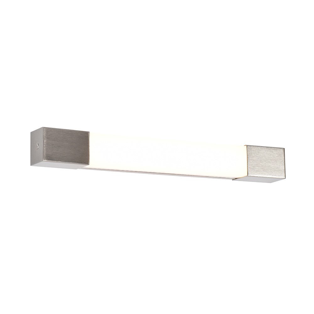 Prostokątna lampa ścienna LED z metalowymi końcówkami i białym, mlecznym kloszem.