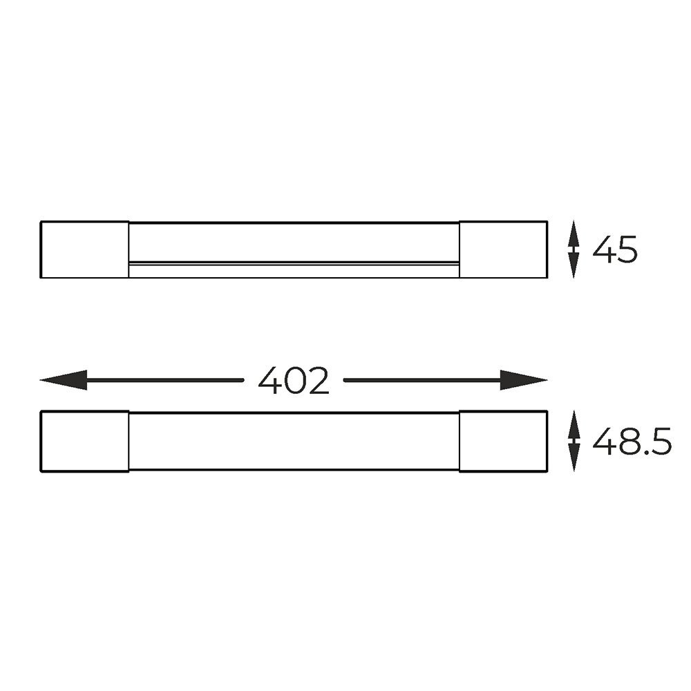 Schemat lampy ściennej LED z wymiarami: szerokość 402 mm, wysokość 45 mm i głębokość 48.5 mm.