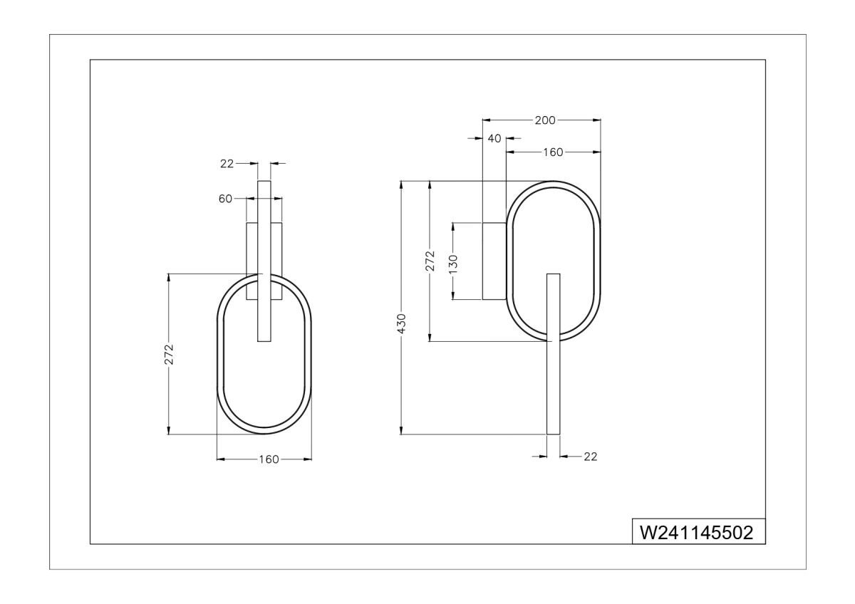 Rysunek techniczny przedstawia kinkiet o owalnym kształcie z wymiarami: 272 mm wysokości, 160 mm szerokości i 430 mm głębokości. W prawym dolnym rogu znajduje się numer W241145502.
