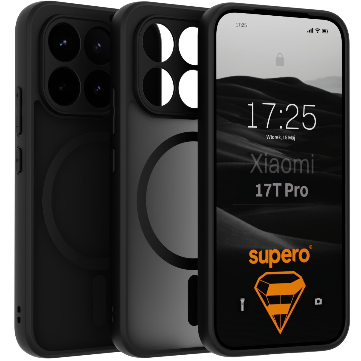 Obraz przedstawia trzy czarne etui do telefonu z widocznymi okrągłymi wycięciami na aparaty. Na ekranie telefonu widoczny jest tekst: \'17:25, Wtorek, 15 Maj, Xiaomi 17T Pro\' oraz logo \'supero\'.