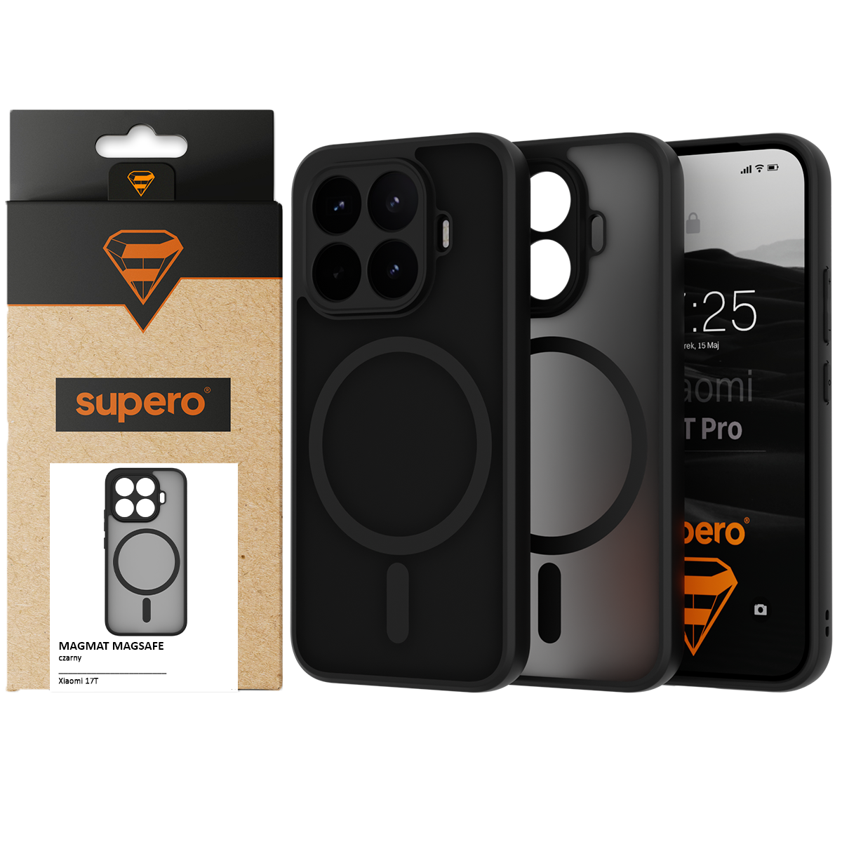 Obraz przedstawia czarne etui na telefon z okrągłym wzorem, obok którego znajduje się opakowanie z logo \'supero\'. Na ekranie telefonu widoczny jest tekst: \'Xiaomi 17T Pro\'.