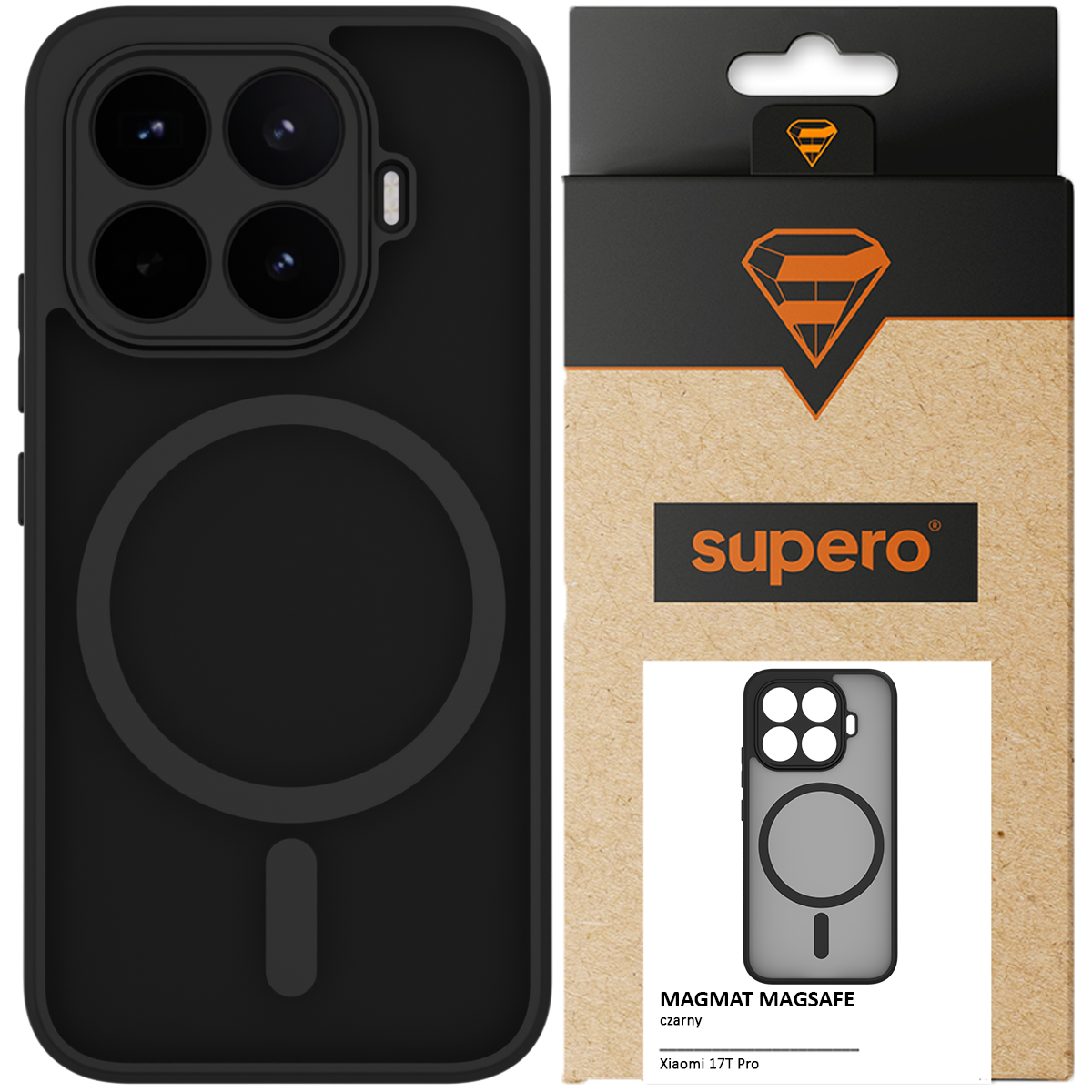 Czarne, matowe etui z okrągłym wzorem na tylnej stronie, obok opakowania z logo \'supero\'. Na opakowaniu widnieje napis: \'MAGMAT MAGSAFE czarny Xiaomi 17T Pro\'.