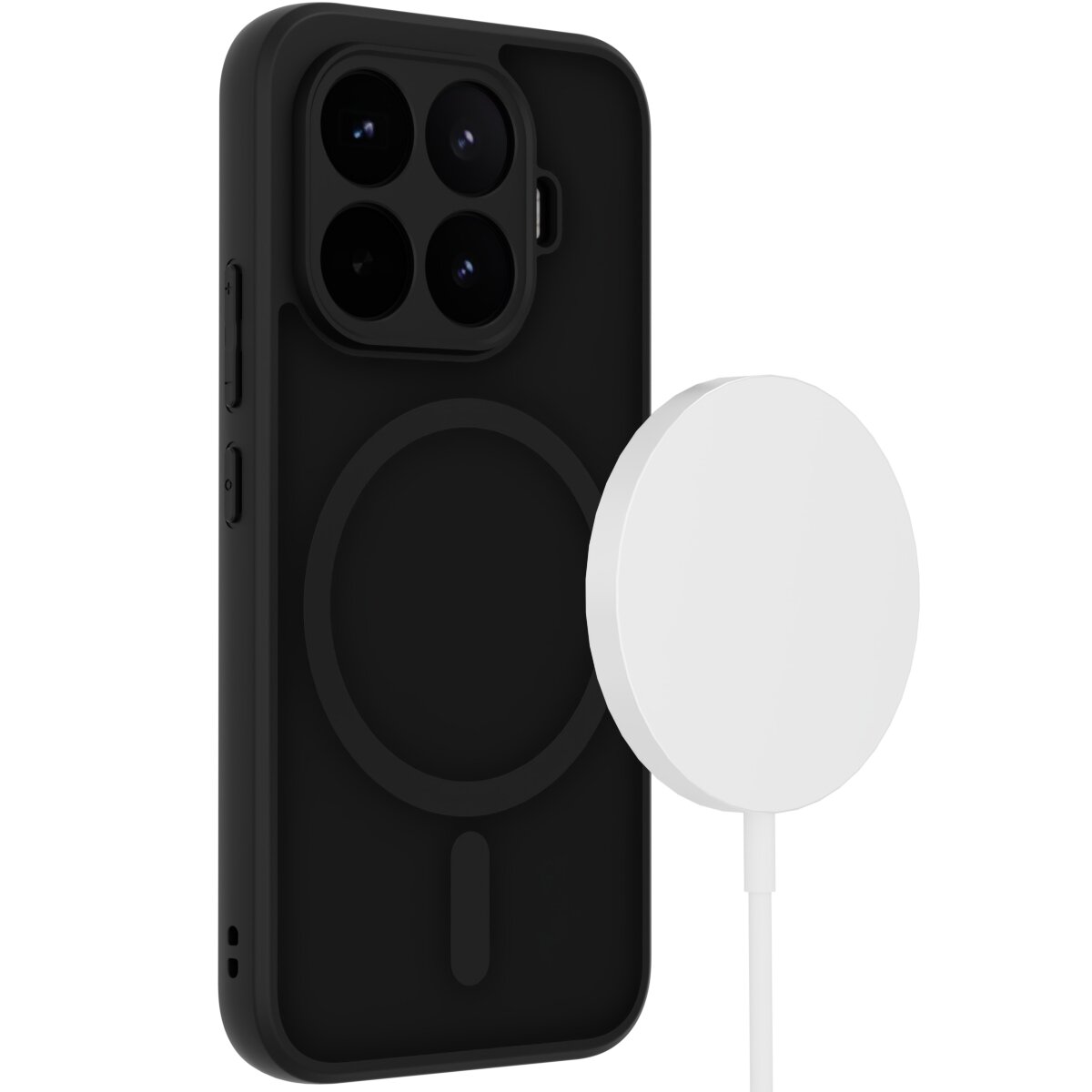 Czarne etui na telefon z widocznym okrągłym wzorem na tylnej części, obok znajduje się biały, okrągły element z kablem. Etui posiada wycięcia na cztery obiektywy aparatu.