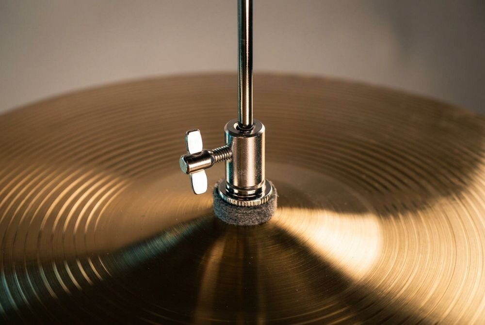V-TONE AD KIT 1 BK talerz crash o średnicy 16 talerz hi-hat 2 x 14 stali nierdzewnej 201 powłoką miedzianą Crash grubość 0,7 mm hi-hatu 0,7 mm 1,4 mm - Detal mocowania mosiężnego talerza perkusyjnego na metalowym statywie