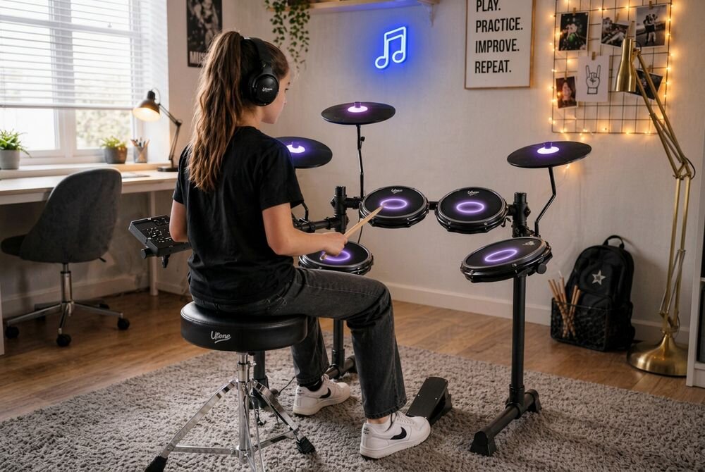 V-TONE ELD1 hardware wykonany ze stali malowanej proszkowo tworzywa sztucznego nakładki antypoślizgowe Pedały stali nierdzewnej i tworzywa ABS - Dziewczynka grająca pałeczkami na elektronicznym zestawie perkusyjnym z podświetleniem fioletowym
