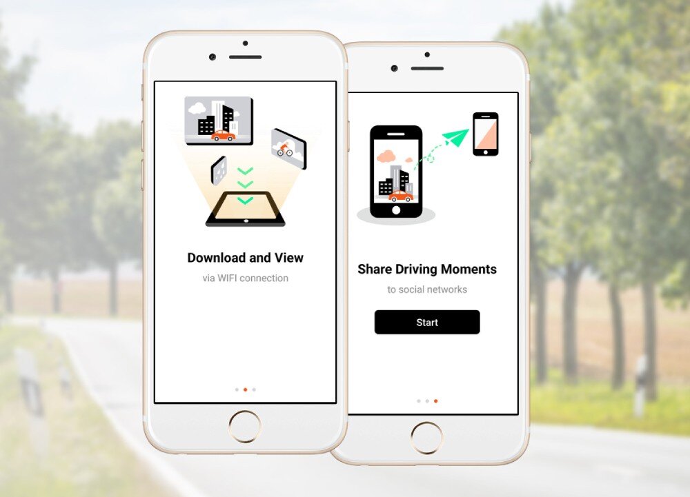 Na obrazie widoczne są dwa smartfony z aplikacją. Na ekranach znajdują się napisy: \'Download and View via WIFI connection\' oraz \'Share Driving Moments to social networks\'.
