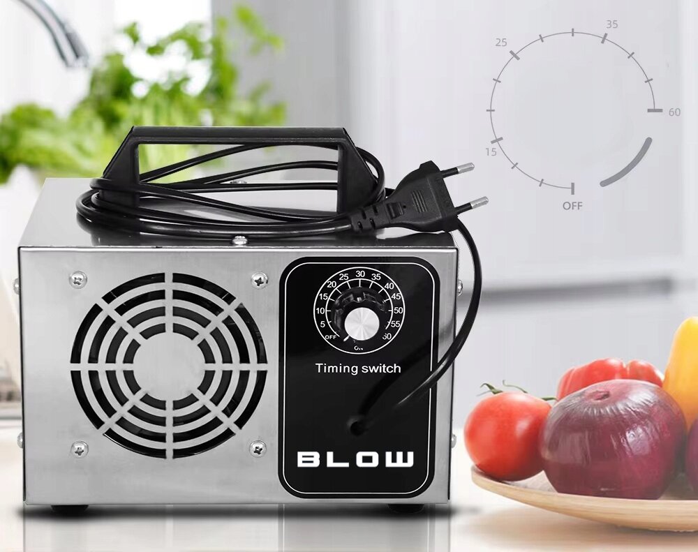 Na obrazie znajduje się metalowy ozonator z uchwytem i przewodem zasilającym. Na panelu widoczny jest napis \'BLOW\' oraz pokrętło z oznaczeniem \'Timing switch\'.