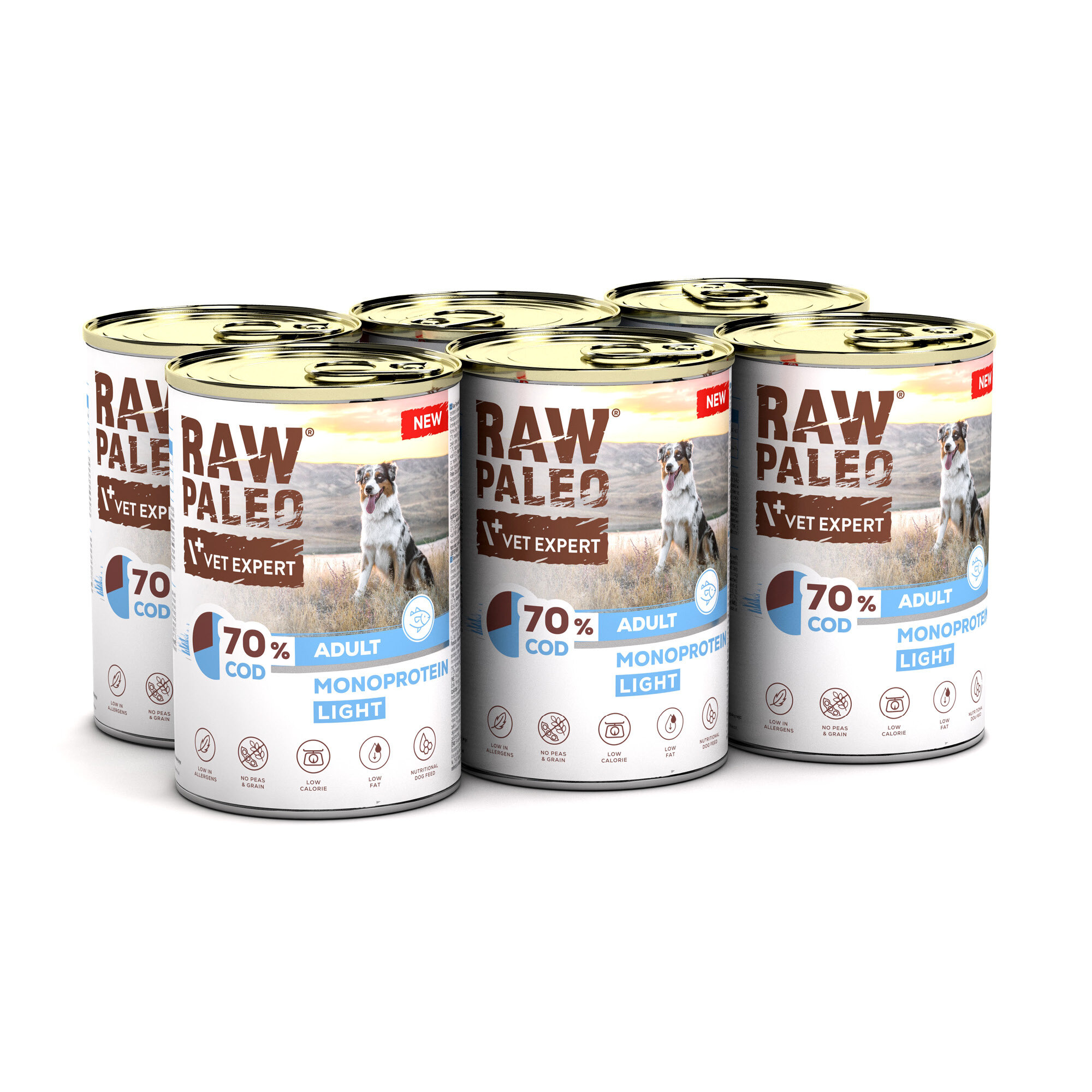 Na obrazie widoczne są puszki z karmą dla psów marki RAW PALEO VET EXPERT, z napisem \'70% COD ADULT MONOPROTEIN LIGHT\'. Na etykiecie znajduje się zdjęcie psa oraz kilka ikon informacyjnych.
