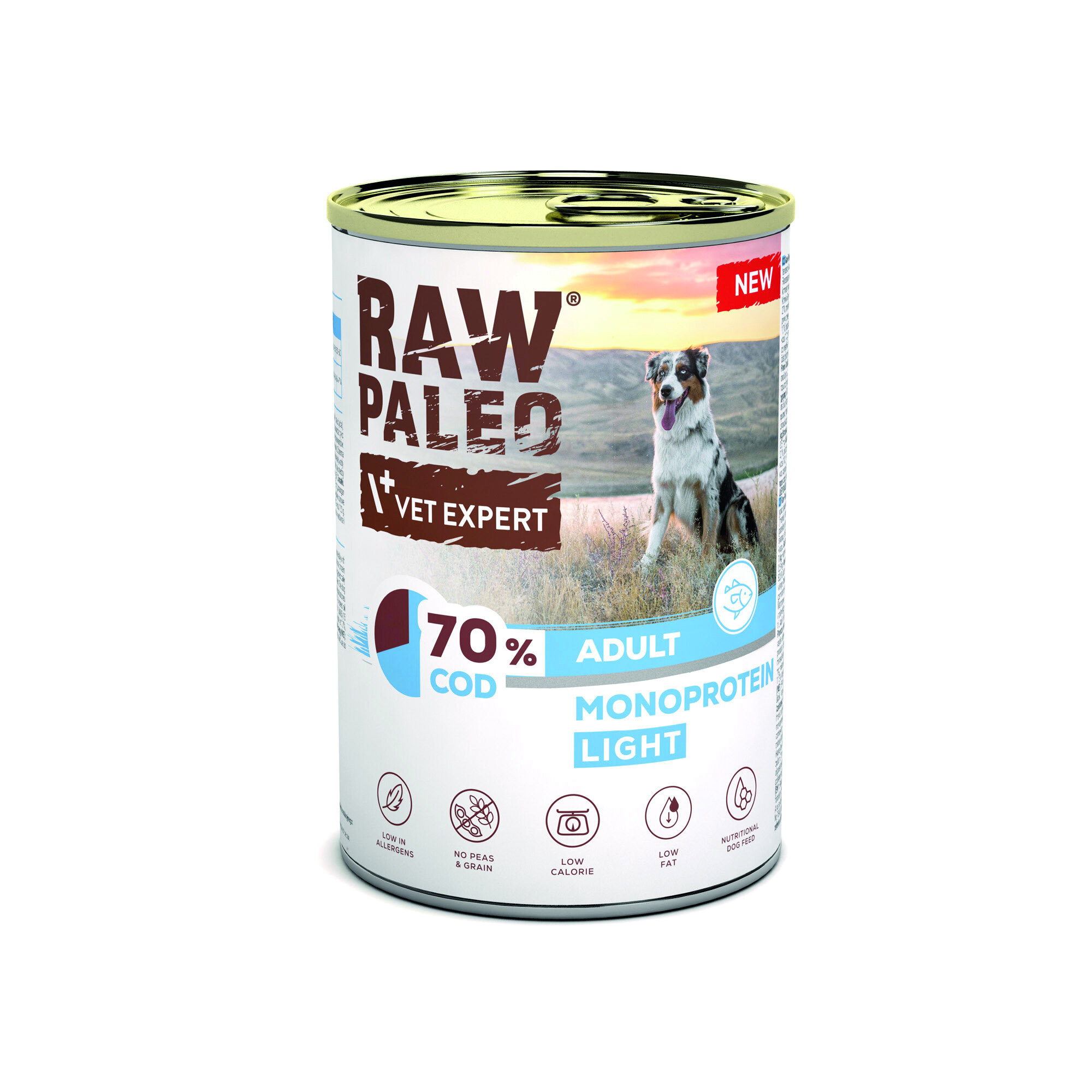 Puszka mokrej karmy dla psów z etykietą \'RAW PALEO VET EXPERT\', zawierająca 70% dorsza, przeznaczona dla dorosłych psów z tendencją do nadwagi. Na etykiecie widoczny jest pies na tle krajobrazu oraz informacje o niskiej zawartości alergenów, braku grochu i zbóż, niskiej kaloryczności i zawartości tłuszczu.