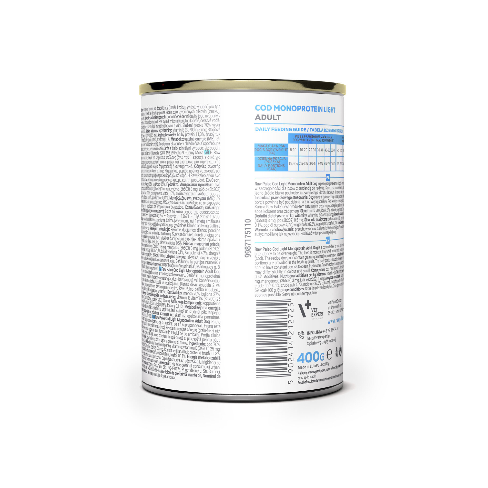 Puszka z mokrą karmą dla psów, na etykiecie widoczny jest tekst \'COD MONOPROTEIN LIGHT ADULT\' oraz tabela z przewodnikiem żywieniowym. Na dole etykiety znajduje się logo \'media expert\' i informacja o wadze 400g.