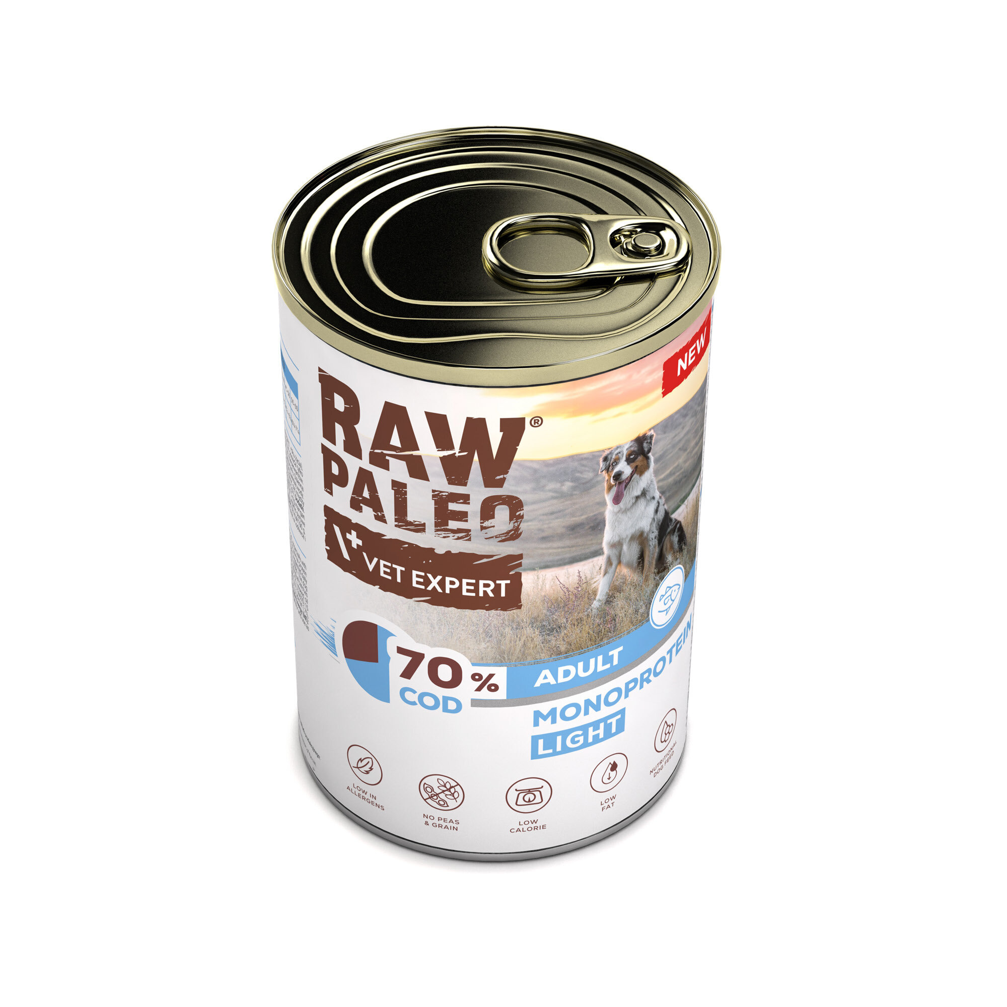 Puszka mokrej karmy dla psów z etykietą \'RAW PALEO VET EXPERT\' oraz informacją \'70% COD ADULT MONOPROTEIN LIGHT\'. Na etykiecie widoczny jest obraz psa na tle krajobrazu.