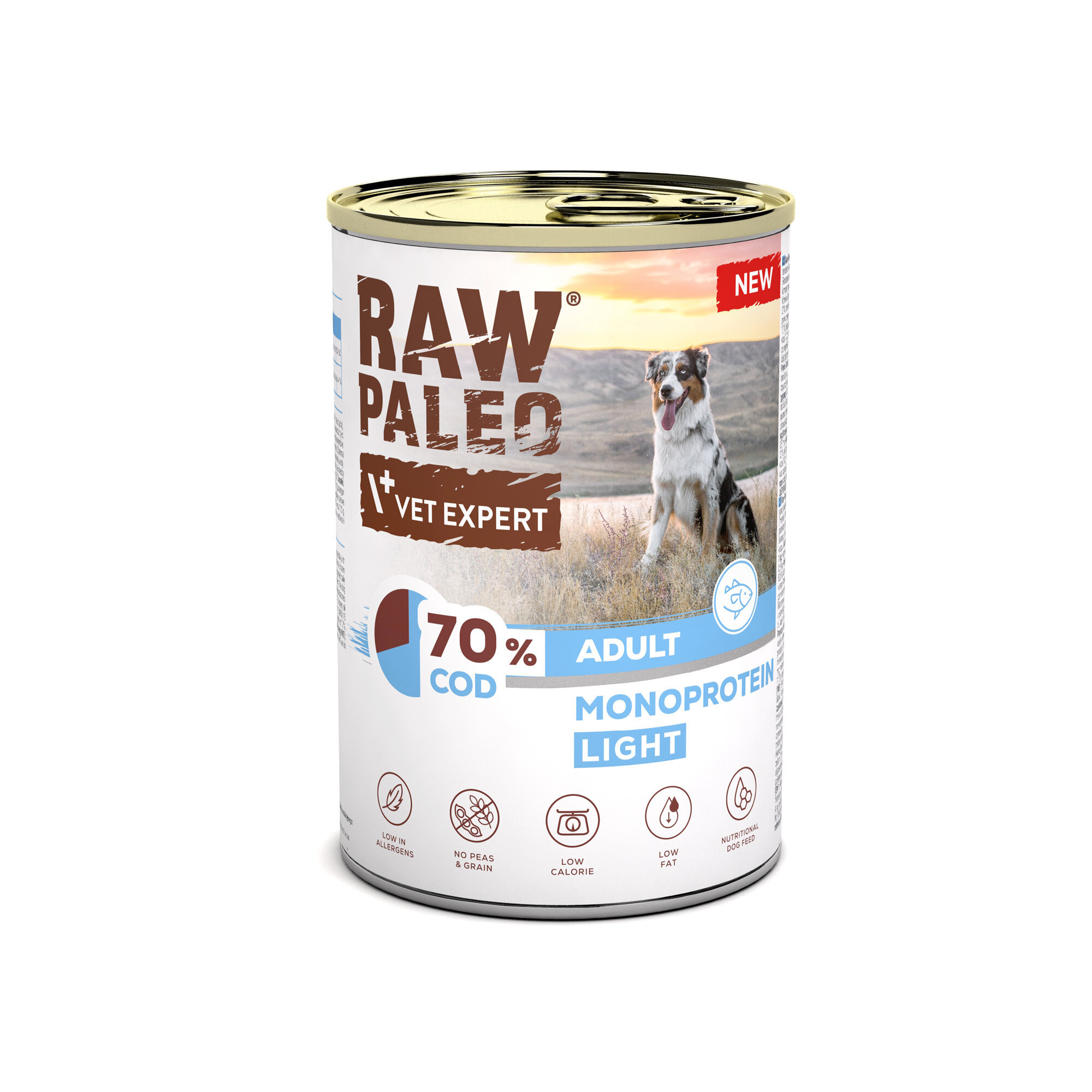 Puszka z karmą dla psów marki RAW PALEO z napisem \'70% COD ADULT MONOPROTEIN LIGHT\'. Na etykiecie widoczny jest pies na tle krajobrazu oraz ikony informujące o niskiej zawartości alergenów, braku grochu i zbóż, niskiej kaloryczności, niskiej zawartości tłuszczu i wartości odżywczej.