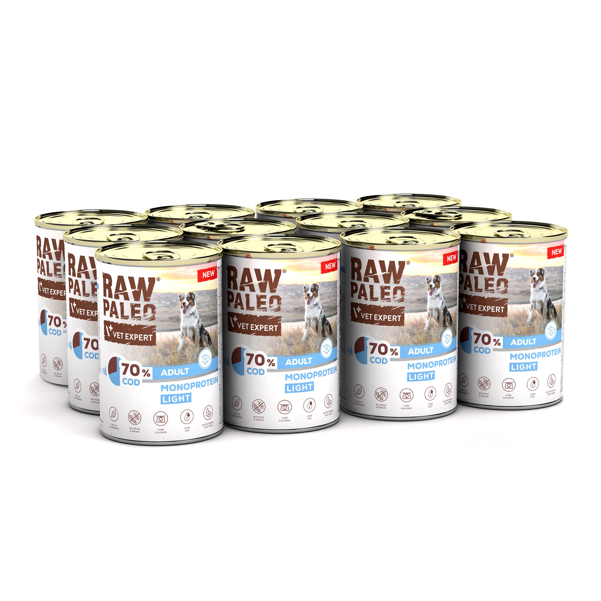Na obrazie widoczne są puszki z karmą dla psów marki RAW PALEO, z napisem \'70% COD ADULT MONOPROTEIN LIGHT\'. Puszki są ustawione w grupie, a na etykiecie znajduje się zdjęcie psa.