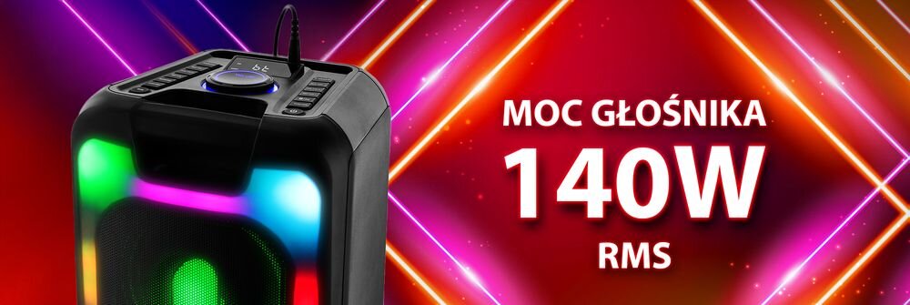 Na obrazie widoczny jest głośnik z kolorowymi efektami świetlnymi LED. Obok znajduje się tekst: \'MOC GŁOŚNIKA 140W RMS\'.