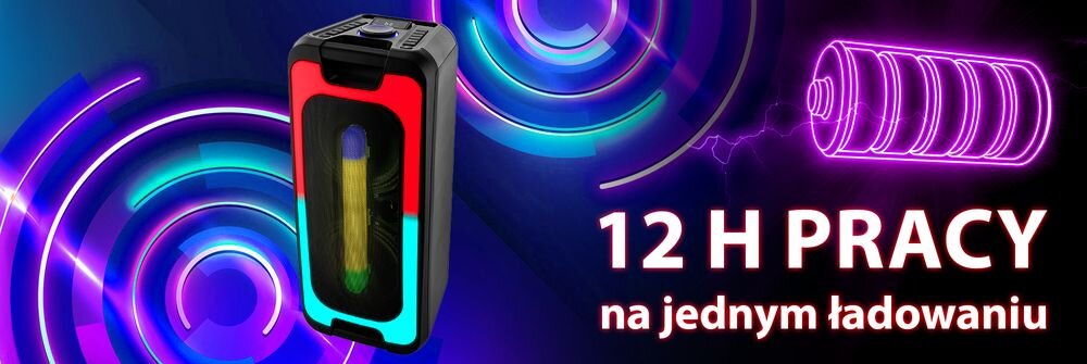 Obraz przedstawia głośnik z efektami świetlnymi LED na tle kolorowych okręgów. Obok widnieje napis \'12 H PRACY na jednym ładowaniu\' oraz ikona baterii.