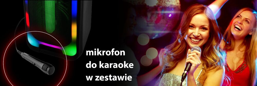 Obraz przedstawia głośnik z efektami świetlnymi LED oraz mikrofon. Obok widoczny jest tekst: \'mikrofon do karaoke w zestawie\'.