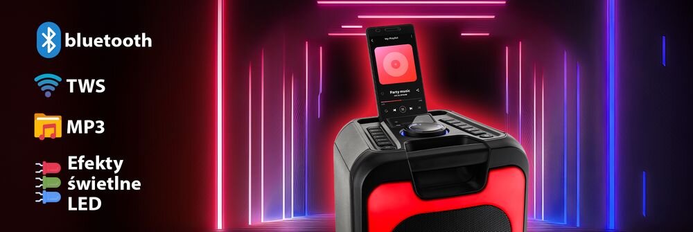Na obrazie widoczny jest głośnik z efektem świetlnym LED, na którym znajduje się smartfon. Obok głośnika znajdują się ikony z napisami: bluetooth, TWS, MP3, Efekty świetlne LED.