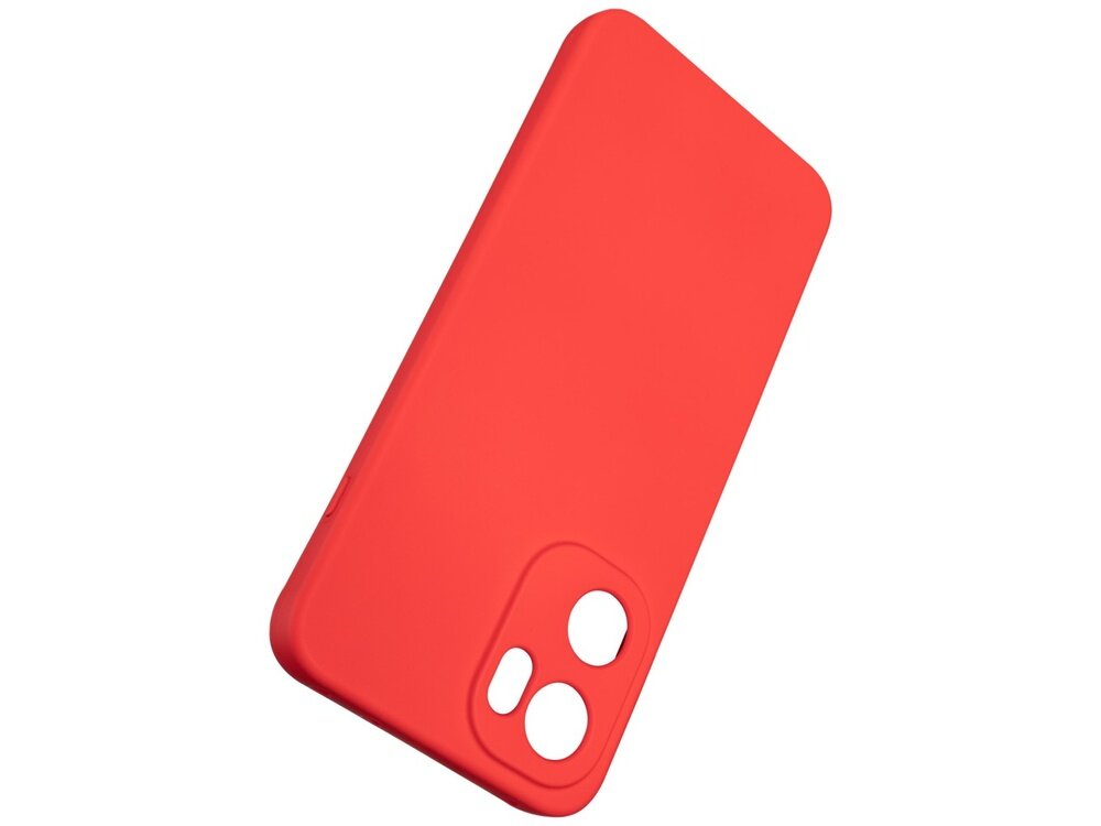 Czerwone etui silikonowe z wycięciami na aparat i przyciski, przeznaczone do telefonu.