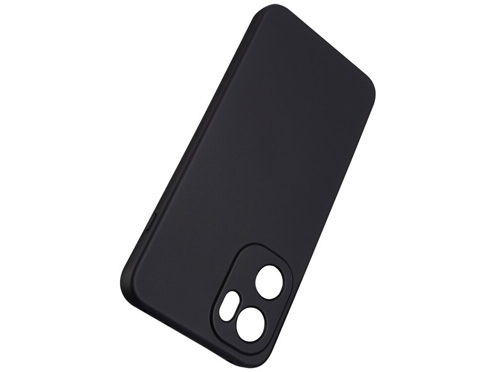 Czarne etui silikonowe z wycięciami na aparat i przyciski, przeznaczone do telefonu.