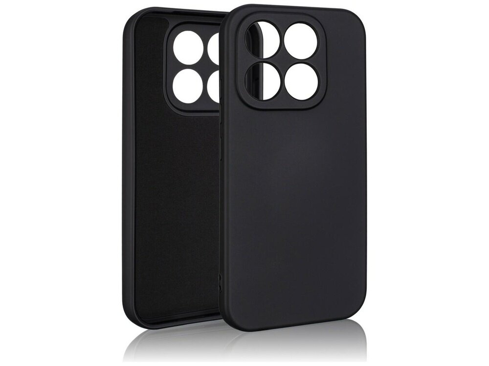 Czarne etui silikonowe z wycięciami na aparat, widoczne z przodu i z tyłu. Etui ma gładką powierzchnię i jest przeznaczone do telefonu.