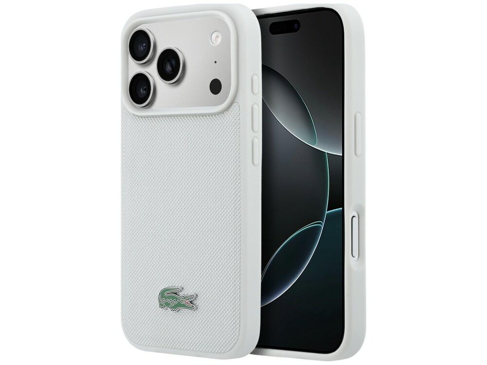 Jasnoszare etui na telefon z trzema widocznymi obiektywami aparatu i logo krokodyla. Etui ma teksturowaną powierzchnię i jest dopasowane do telefonu z wyświetlaczem w trybie czuwania.