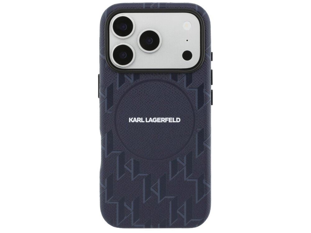 Niebieskie etui z teksturą i logo \'KARL LAGERFELD\' na środku, przeznaczone do telefonu z trzema obiektywami aparatu. Etui posiada wzór monogramu i jest kompatybilne z MagSafe.
