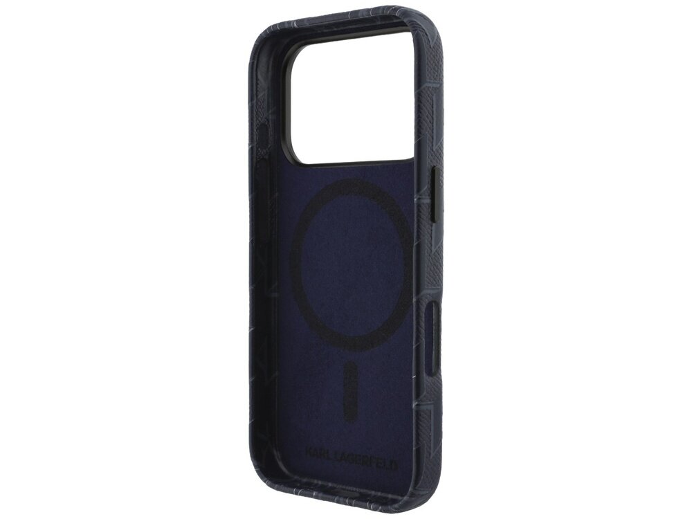 Niebieskie etui z logo KARL LAGERFELD, przeznaczone do Apple iPhone 17 Pro, z widocznym symbolem MagSafe wewnątrz. Etui ma wycięcie na aparat i przyciski boczne.
