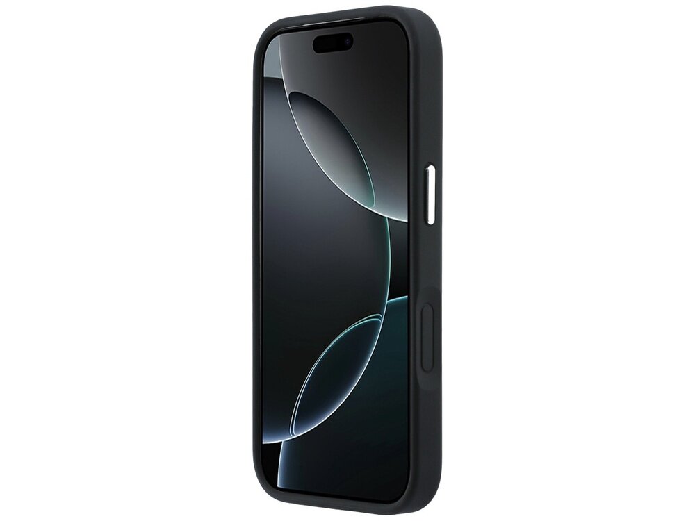 Na obrazie widoczny jest smartfon w ciemnym etui z wyświetlaczem pokazującym abstrakcyjny wzór. Etui ma wycięcia na przyciski boczne.