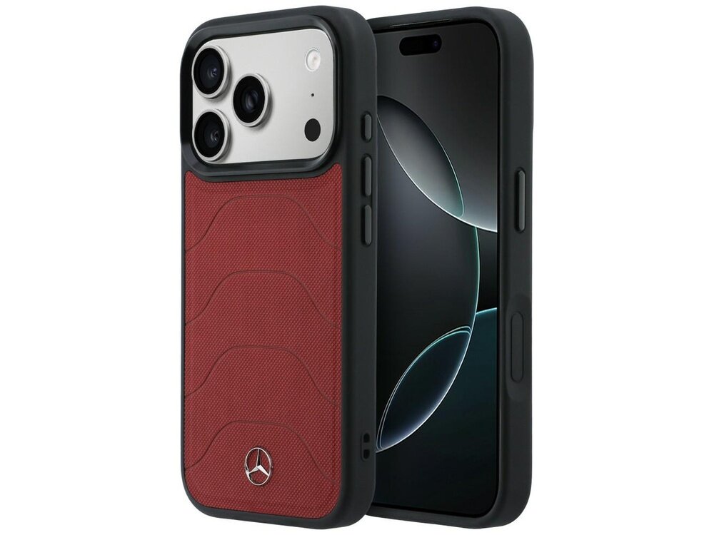 Czerwone etui z teksturą i logo Mercedes na dole, przeznaczone do telefonu z trzema aparatami. Telefon ma czarny ekran z widocznymi przyciskami bocznymi.