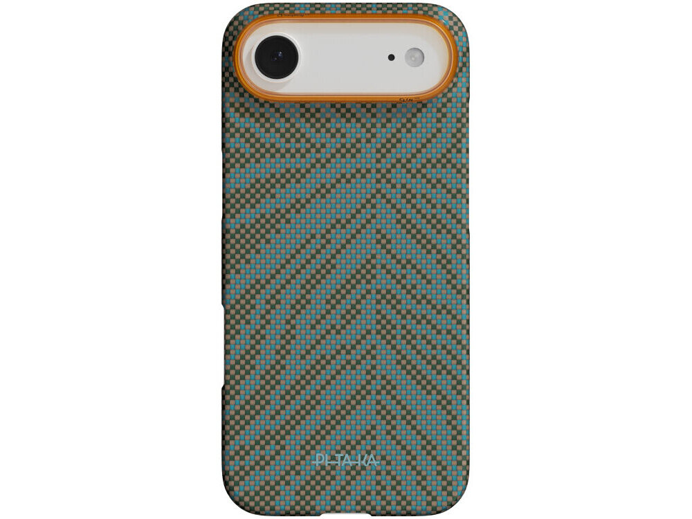 Etui na telefon z wzorem przypominającym liście w kolorach zielonym i pomarańczowym. Widoczne logo: PITAKA.
