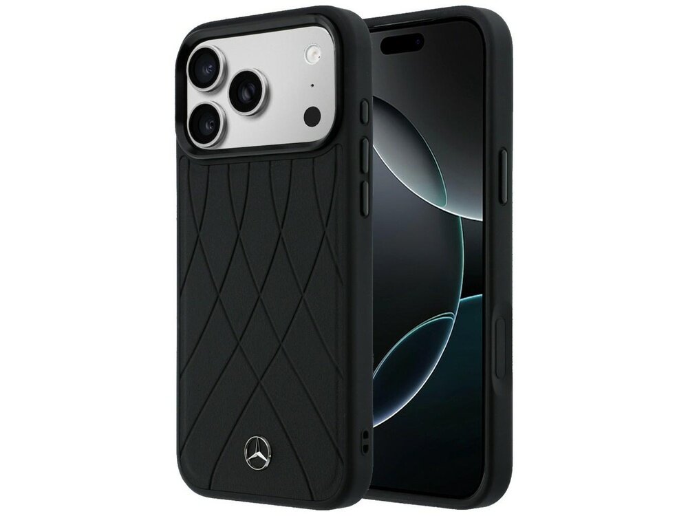 Czarne etui na telefon z wzorem krzyżujących się linii i logo producenta w dolnej części. Obok etui widoczny jest telefon z wyświetlaczem i trzema aparatami z tyłu.