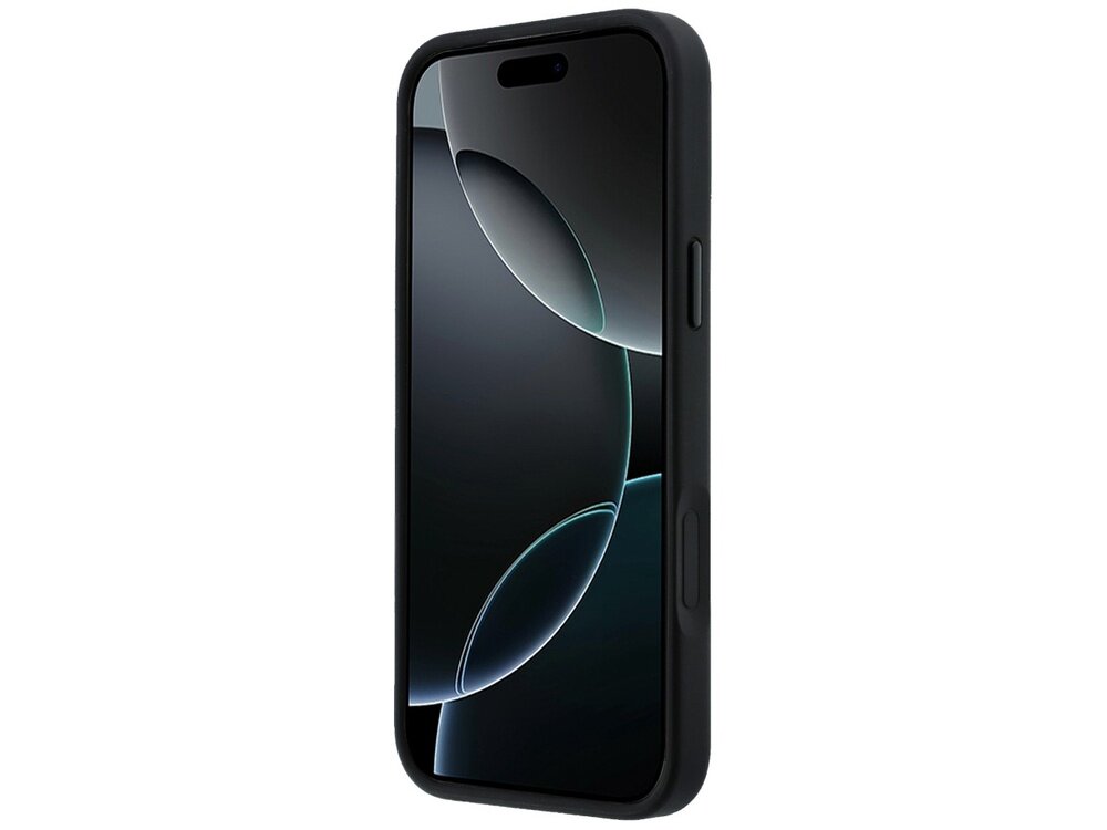 Czarny smartfon w etui z widocznymi przyciskami bocznymi. Na ekranie wyświetlony jest abstrakcyjny wzór z ciemnymi i jasnymi okręgami.