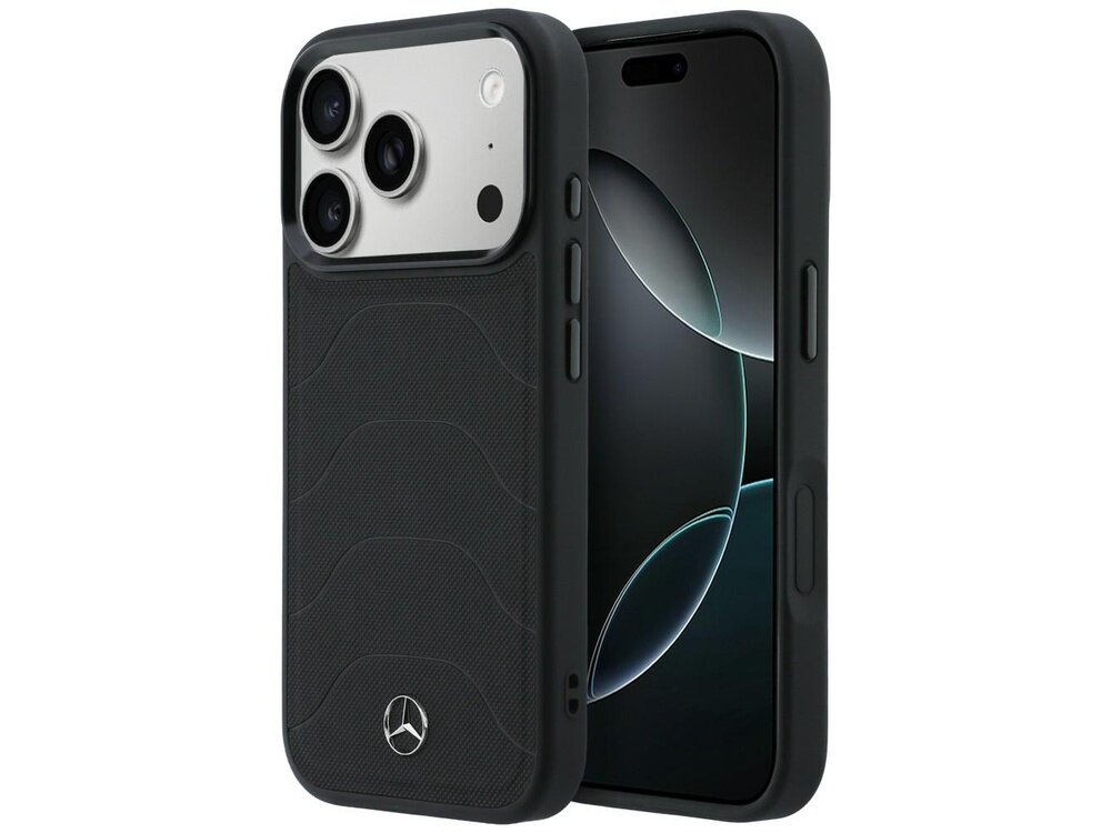Czarne etui na telefon z widocznym logo Mercedes, posiada teksturowaną powierzchnię i wycięcia na aparat oraz przyciski. Telefon w etui ma wyświetlacz z abstrakcyjnym wzorem.