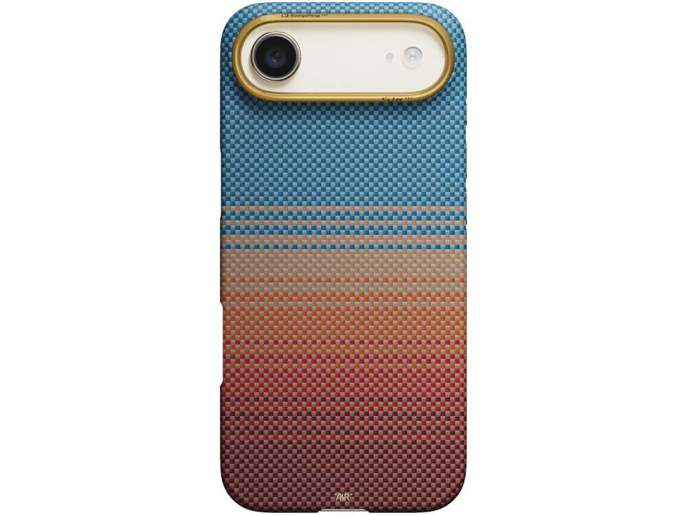 Etui na telefon z gradientowym wzorem w kolorach niebieskim, pomarańczowym i czerwonym, z wycięciem na aparat i logo \'PITAKA\' na dole.