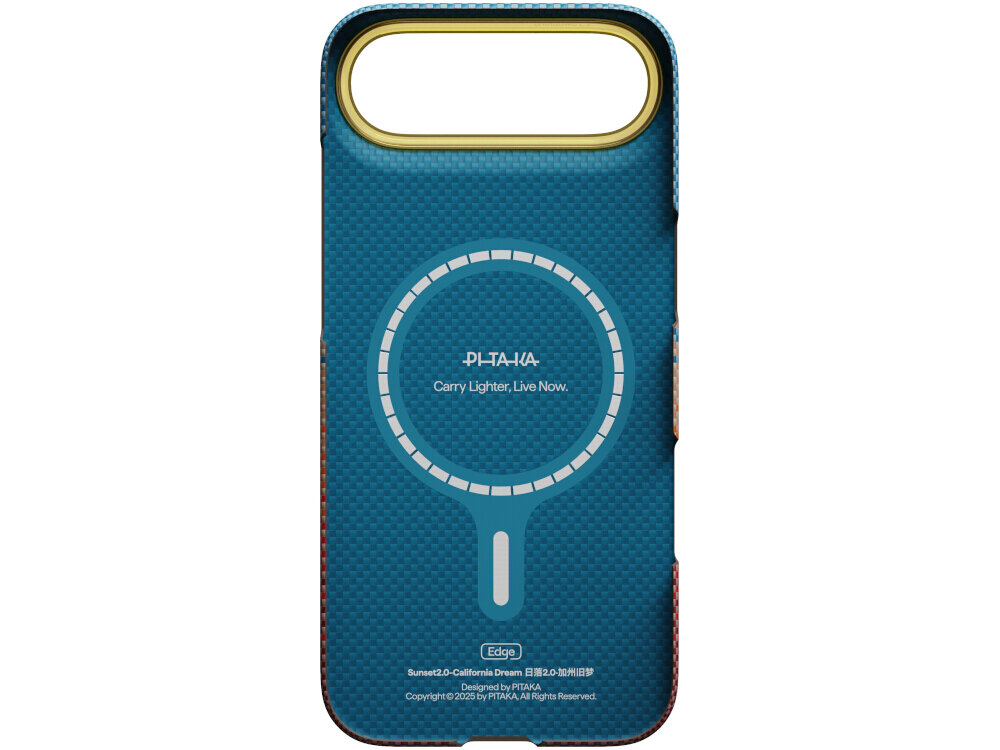Etui w kolorze niebieskim z okrągłym wzorem i napisem \'PITAKA Carry Lighter. Live Now.\' oraz dodatkowymi informacjami na dole. Produkt przeznaczony do Apple iPhone, z funkcją MagSafe.