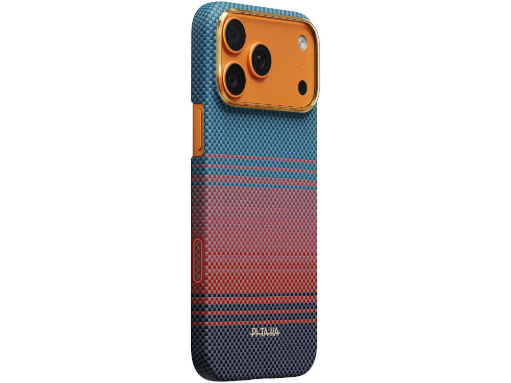 Etui na telefon z kolorowym wzorem w odcieniach niebieskiego i pomarańczowego, z trzema widocznymi otworami na aparaty. Na dole widoczny jest napis \'PITAKA\'.